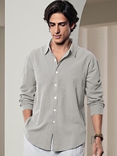 billiga lyxiga linneskjortor-10% linne Button-Down Herr Skjorta linneskjorta Vit Rodnande Rosa Marinblå Långärmad Ensfärgat Krage Vår &amp; sommar Ledigt Dagligen Kläder