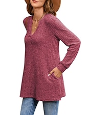 preiswerte Damen Einfache Oberteile-Damen Hemd Bluse Mode Tasche Langarm Lange Tops V-Ausschnitt Casual Schwarz Rosa Armeegrün Rot Staubblau Frühling&amp;amp;  fallen