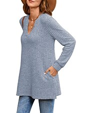 preiswerte Damen Einfache Oberteile-Damen Hemd Bluse Mode Tasche Langarm Lange Tops V-Ausschnitt Casual Schwarz Rosa Armeegrün Rot Staubblau Frühling&amp;amp;  fallen
