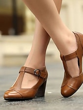 billige Pumps med blokkhæl-Dame Høye hæler Høyhælte Pen sko Mary Jane Store størrelser Avslappet Daglig Helfarge Ensfarget Spenne Tykk hæl Årgang Retro Rød Fritid Gange PU Lær PU T-stropp Svart Gul Rød