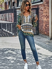 billige Boho topper-Dame Skjorte Boho skjorte Blondeskjorte Bluse Blomstret Mote Langermet V-hals Vanlige topper Avslappet Ferie Blondér Trykt mønster Rød Navyblå Blå Lilla Grønn Vår &amp; Vinter