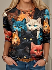זול חולצת בעלי חיים-חולצת נשים עם צווארון עגול שרוול ארוך טוניק חתול 3D מצחיק צווארון עגול טופים רגולים הדפס יומי סוף שבוע שחור כחול אביב סתיו