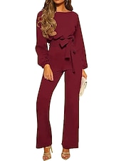 olcso overálok-Női Szabályos Jumpsuitek Elegáns Tömör szín Hosszú ujj Terített nyak Fűzős Magas derék Munka Utca Normál Fekete Sárgabarack Ősz
