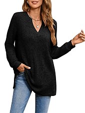 preiswerte Damen Einfache Oberteile-Damen Hemd Bluse Mode Tasche Langarm Lange Tops V-Ausschnitt Casual Schwarz Rosa Armeegrün Rot Staubblau Frühling&amp;amp;  fallen