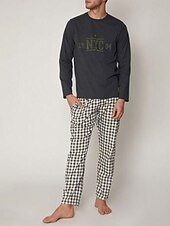 preiswerte Pyjamas-Herren Hausanzug Schlafanzüge Schlafanzug Set Pyjama-Oberteil und Hose 2 Stück Plaid Stilvoll Brautkleider schlicht Komfort Heim Täglich Baumwollmischung Komfort Rundhalsausschnitt Langarm T Shirt
