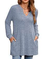 preiswerte Damen Einfache Oberteile-Damen Hemd Bluse Mode Tasche Langarm Lange Tops V-Ausschnitt Casual Schwarz Rosa Armeegrün Rot Staubblau Frühling&amp;amp;  fallen