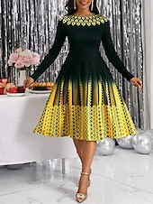 cheap Art&amp;Design Dress-Women&#039;s Midi Dress A Line Dress Casual Dress Winter Dress Swing Dress Streetwear Modest Formal Vacation Party Regular Fit Geometric Color Block Long Sleeve Crew Neck Yellow Pink Blue Purple