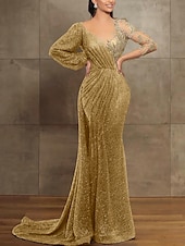 preiswerte GELB-Mermaid Pailletten Abendkleid Elegantes Kleid Formal Hof Zug Langarm Illusionskragen mit Falten Maskeradenkleid