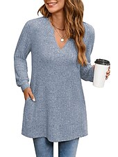 preiswerte Damen Einfache Oberteile-Damen Hemd Bluse Mode Tasche Langarm Lange Tops V-Ausschnitt Casual Schwarz Rosa Armeegrün Rot Staubblau Frühling&amp;amp;  fallen