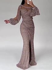 preiswerte GRAU-Meerjungfrau Paillettiertes Abendkleid Partykleid formelles Sweep-/Pinselzug lange Ärmel Scoop-Ausschnitt mit Glitzer Raffung Schlitz Maskerade-Kleid 2025