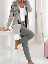 billige Sweatsuits for kvinner-Dame 2 Deler Aktiv Daglig Hettegenser Track Suit Bukser Sett Bukser Langermet Hette Blomster Snortrykk Utendørs Fritid Hvit Rosa Mørk Marine Høst  Vinter Vanlig Passform