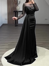 levne modrá-Krajkový šaty starožitného večeře elegantní šaty formální svatební host vlečka dlouhé rukávy šperkový výstřih charmeuse s nařenými perlami maškarní šaty 2025