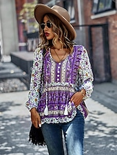 billige Boho topper-Dame Skjorte Boho skjorte Blondeskjorte Bluse Blomstret Mote Langermet V-hals Vanlige topper Avslappet Ferie Blondér Trykt mønster Rød Navyblå Blå Lilla Grønn Vår &amp; Vinter