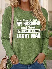 abordables T-shirt Humor &amp; Citations-Femme T shirt Lettre Famille Mode manche longue Col Rond Hauts réguliers du quotidien Fin de semaine Imprimer Noir Rose Claire Bleu Vert Kaki Printemps &amp; Automne Printemps, Août, Hiver, Eté