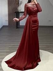 levne modrá-Krajkový šaty starožitného večeře elegantní šaty formální svatební host vlečka dlouhé rukávy šperkový výstřih charmeuse s nařenými perlami maškarní šaty 2025