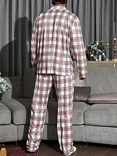billiga Pyjamas-Herr Vardagsklädsel Sovkläder Pyjamas set Pyjamastopp och byxa 2 delar Rutig Stylish Ledigt Komfort Hem Dagligen Säng Bomullsblandning Komfort Mjuk Kavajslag Långärmad Skjorta Byxa Snörning Elastisk