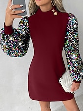 levne Flitrové šaty-Dámské Mini šaty Flitrové šaty Šaty na párty Koktejlky Šaty pro svatební hosty Elegantní Dovolená Svatební host Narozeniny Běžný Barevné bloky Dlouhý rukáv Stojáček Černá Fialová Vodní modrá Léto