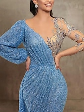 preiswerte GELB-Mermaid Pailletten Abendkleid Elegantes Kleid Formal Hof Zug Langarm Illusionskragen mit Falten Maskeradenkleid