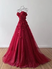 levne Plesové šaty-Šaty A-line Plesové šaty Elegantní šaty Formální s vlečkou Bez rukávů Srdíčkový výstřih Tyl se záhyby Flitrové aplikace Masquerade šaty