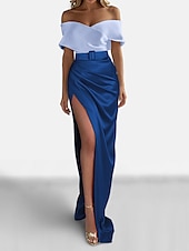 preiswerte GRÜN-Sheath Abendkleid Elegantes Kleid Formell Sweep  Pinselzug Kurzarm Off-Shoulder Satin mit gerafftem Schlitz