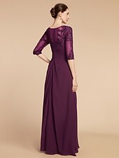 cheap Floor Length-Sheath Mother of the Bride Dress Wedding Guest Elegant Scoop Neck Floor Length Chiffon Lace Half Sleeve with Pleats Sequin 2025 free custom size