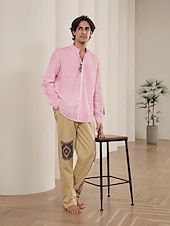 preiswerte Luxus-Leinenhemden-10 % Leinen Herren Hemd leinenhemd Schwarz Weiß Rosa Langarm Feste Farbe Stehkragen Strasse Täglich Bekleidung