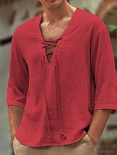preiswerte Straße-Herren Hemd aus Baumwollleinen Weißes Baumwollhemd Sommerhemd Lässiges Hemd Glatt Casual Täglich Weiß Rosa Grau Leicht Blau Langarm V Ausschnitt Frühling Sommer Bekleidung Kordelzug