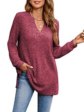 preiswerte Damen Einfache Oberteile-Damen Hemd Bluse Mode Tasche Langarm Lange Tops V-Ausschnitt Casual Schwarz Rosa Armeegrün Rot Staubblau Frühling&amp;amp;  fallen