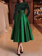 economico Abiti da cocktail-Abiti da cocktail A-line in paillettes elegante abito invitata a matrimonio lunghezza tè maniche lunghe scollo a gioiello in raso con pieghe abiti Derby 2025
