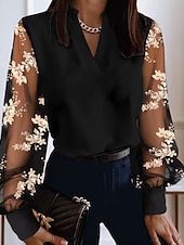 billiga Dressiga toppar-dam spetsskjorta blus eyelet topp vit spetsskjorta elegant färgblock spets patchwork puffärm långärmad v-ringad ledig denim blå svart vit khaki höst