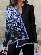 economico Top Floreali-Blusa da Donna Moda Stampa Floreale Orlo Asimmetrico Manica Lunga Regular Collo a V Casual Vacanza Nera Argento Rosa Blu Verde Autunno e Inverno