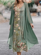 cheap Dress Sets-Women&#039;s Dress Set Casual Dress Chiffon Dress Swing Dress Fashion Streetwear Floral Geometric Print Long Dress Maxi Dress Long Sleeve V Neck Outdoor Vacation Black Blue Green Spring Regular Fit