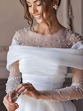 economico Abiti sposa di lusso-Abiti da sposa semplici da spiaggia Abiti da sposa formali A-Line Collo illusionista maniche lunghe lunghezza totale in tulle con perline arricciate 2025