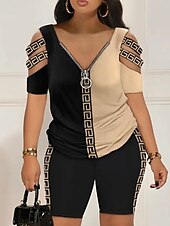 abordables Ensembles deux pièces-Femme Chemise Ensembles de shorts Graphic Zippé Découpé Casual Quotidien Mode Manche Courte Col V Noir Eté