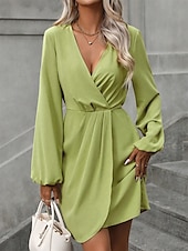 preiswerte abendkleider-Damen Arbeitskleidung Semi formelles Kleid Wickelkleid Elegant winterkleider damen B¨¹ro Täglich Minikleid Rüschen V Ausschnitt Langarm Glatt Regular Fit Grün Herbst Winter S M L XL