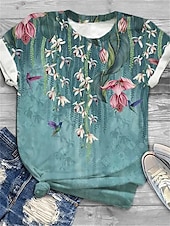 billige Blomster t-skjorte-kvinners t-skjorte mote blomsterprint kortermede vanlige topper rund hals ferie helg gul rosa blå lilla grønn vår &amp;amp; sommer