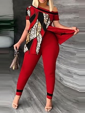 abordables Ensembles deux pièces-Femme Mode Chemise Ensembles de pantalons Pantalon Manche Courte Une Epaule Léopard Imprimer Casual Quotidien Jaune Rouge Bleu Printemps été Standard