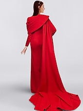 abordables ROUGE-Robe Svelte Rouge Noir Rouge Vert de Noël Robe de Soirée Élégante Robe Cape Formelle Automne Traîne Balayée  Brosse Manches Longues Col Boulé Tissu Extensible avec Boutons Fente robe à impressionner