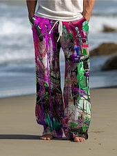 preiswerte Bedruckte Freizeithosen für Herren-Farbblock Graffiti Abstrakt Herren 3D-Druck Hosen Hose Outdoor Freizeitskleidung Strassenmode Polyester Gelb Dunkellila Rot S M L Mittlere Taillenlinie Elastizität Hose