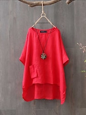 cheap Shirts-Women&#039;s Shirt Blouse Cotton Linen Shirts Plain Fashion Round Neck Casual Pocket Asymmetric Hem Army Green Red Blue Summer