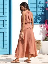 levne Dvoudílné sady-dámská bavlněná dvoudílná souprava resort wear růžový výstřih do V s otevřeným zadním páskem letní oblečení pro dovolenou
