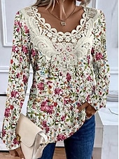 economico Maglie lunghe-Tunic da donna camicia blusa moda floreale stampa pizzo manica lunga regolare tops a V casual festa nera bianca gialla rosa rossa primavera e autunno