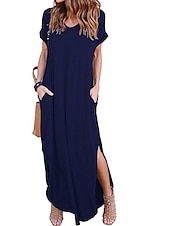 preiswerte T Shirt-Kleider-Damen Casual kleid kleid lang Baumwolle Tasche Gespleisst Verabredung Maxi Basic V Ausschnitt Kurzarm Schwarz Weiß Rosa Farbe