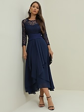 abordables Robe de cocktail-Femme Robe dentelle Robe de bal robe soirée Mousseline de soie Dentelle Patchwork Col Ras du Cou Manches 3/4 Robe mi-longue Formel robe hiver bleu marine Printemps Hiver
