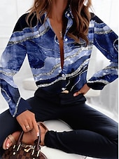 voordelige Vrouwen&#039;s Kunst &amp; Design Tops-Dames Shirt Mode Abstract Knopen Print Lange Mouw Regular Tops Shirtkraag Casual Roze Blauw Bruin Groen Grijs Lente  Herfst