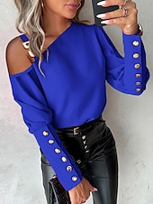 preiswerte Sexy Oberteile für Damen-Damen Bluse elegant Patchwork Puffärmel Langarm One Shoulder Casual Schwarz Weiß Rot Blau Herbst&amp;amp; Winter