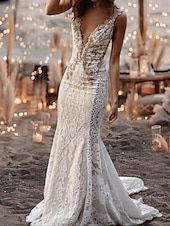 cheap Casual Wedding Dresses-Beach Wedding Beach Open Back Sexy Boho Wedding Dresses Mermaid V Neck Sleeveless Court Train Lace Bridal Gowns With Appliques 2025