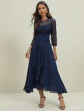 abordables Robe de cocktail-Femme Robe dentelle Robe de bal robe soirée Mousseline de soie Dentelle Patchwork Col Ras du Cou Manches 3/4 Robe mi-longue Formel robe hiver bleu marine Printemps Hiver