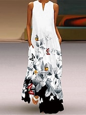 cheap Vacation Dresses-Women&#039;s Valentine Dress Tank Dress Floral Butterfly Pocket Print Split Neck Long Dress Maxi Dress Vacation Long Sleeve Summer