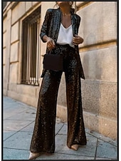 cheap Blazers &amp; Suits-Women&#039;s Blazer Formal Sequin Plain Comfortable Fashion Loose Fit Outerwear Long Sleeve Spring Black S